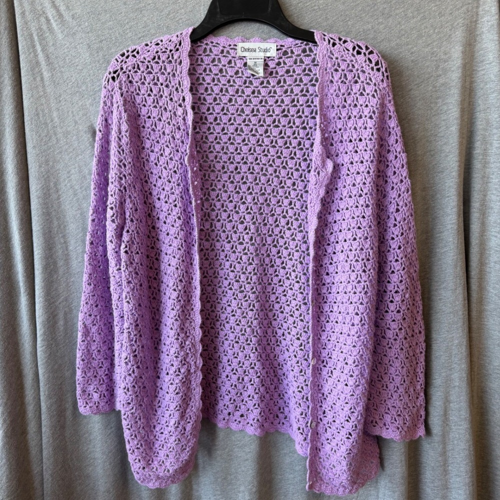 Chelsea Studio Grannycore Cottagecore Coastal Crochet Cardigan Purple Medium
